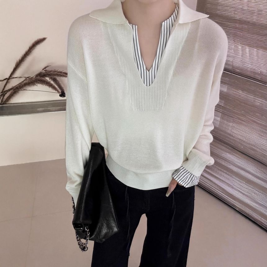 Two-Piece V-Neck Collared Knit Sweater
