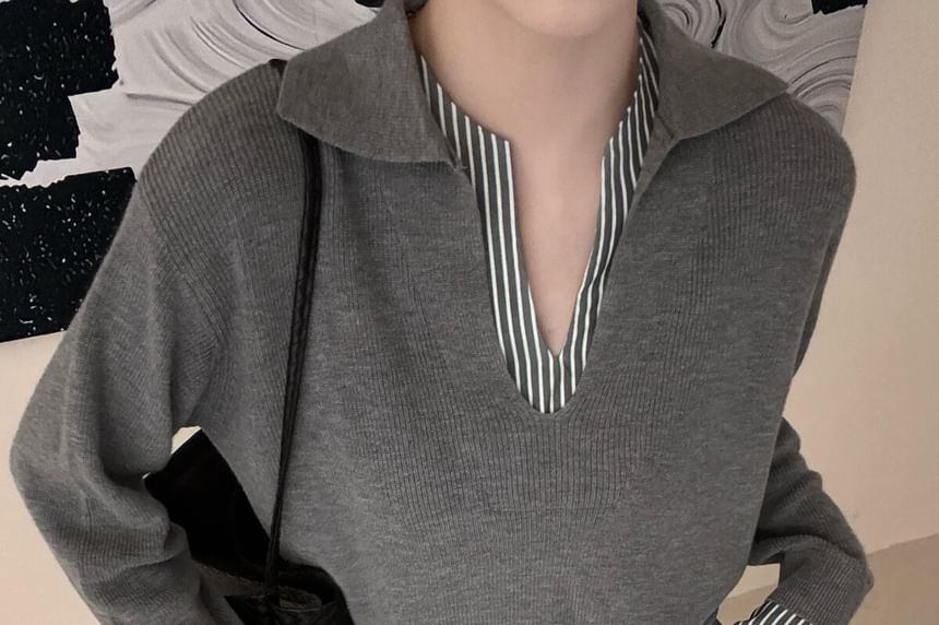 Two-Piece V-Neck Collared Knit Sweater