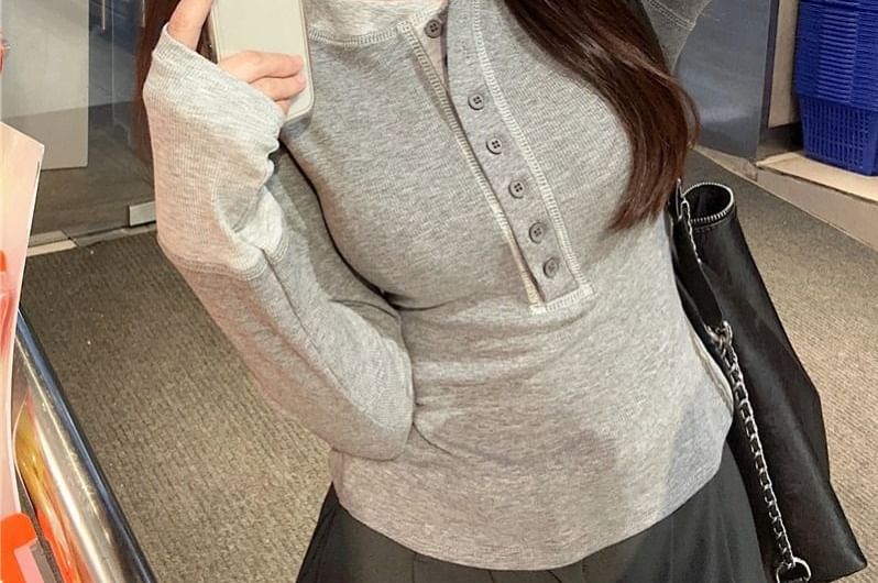Henley Round Neck Long Sleeve Tee