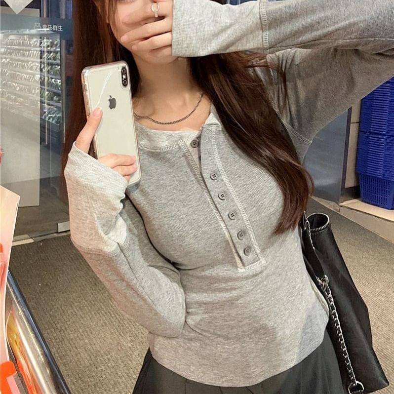 Henley Round Neck Long Sleeve Tee