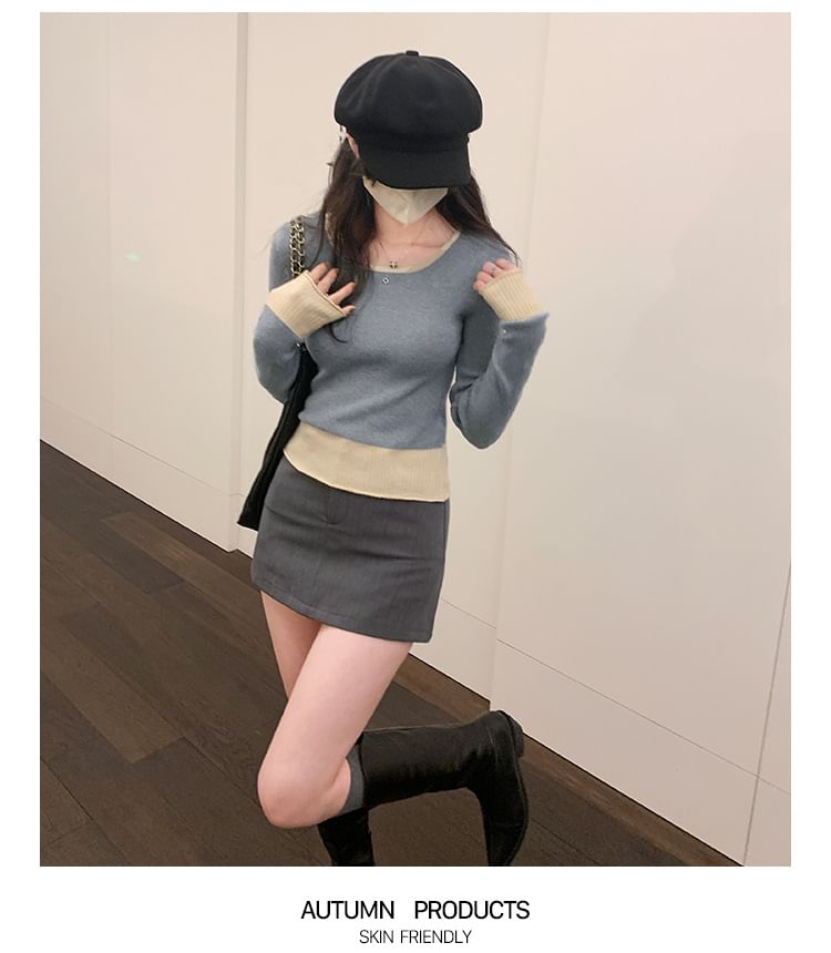 Contrast Trim Crew Neck Knit Top