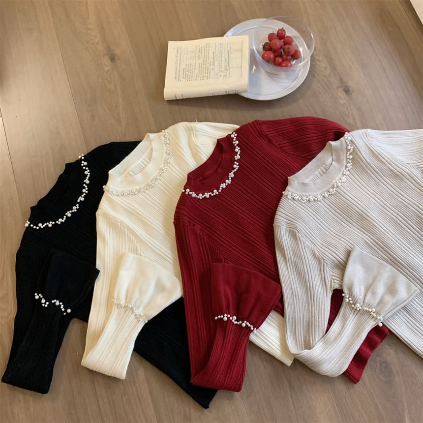 Faux Pearl Ribbed Crew Neck Knit Top