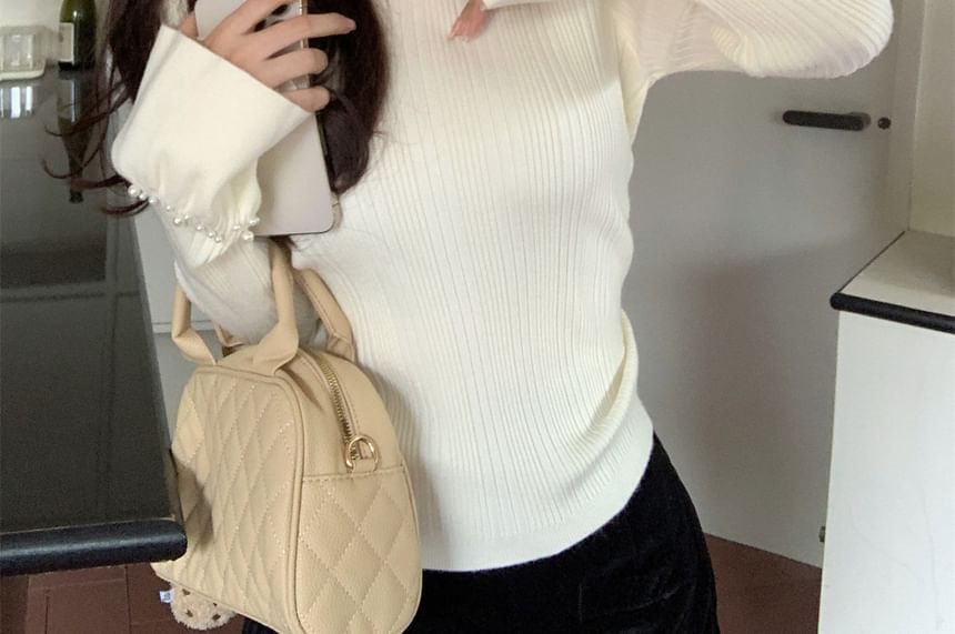 Faux Pearl Ribbed Crew Neck Knit Top