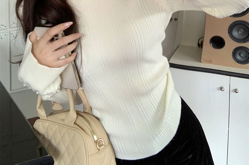 Faux Pearl Ribbed Crew Neck Knit Top