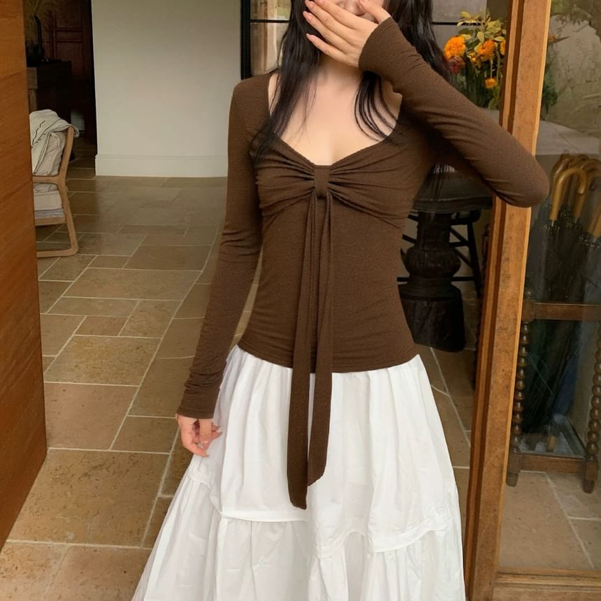 Tie Neck Long-Sleeve Knit T-Shirt
