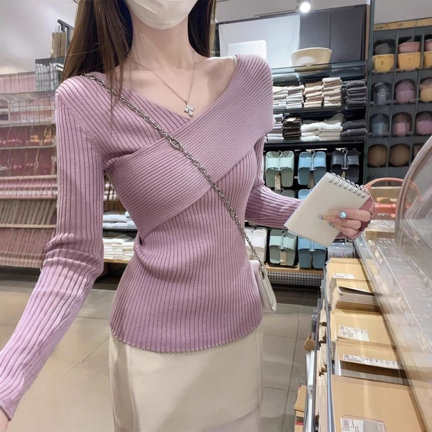 Ribbed Wrap V-Neck Knit Top Long Sleeve