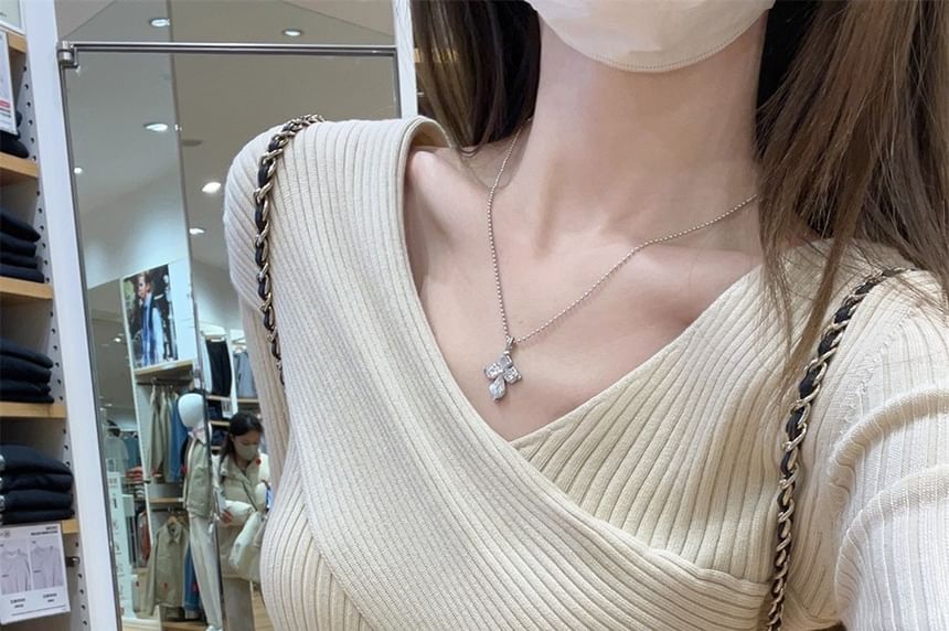 Ribbed Wrap V-Neck Knit Top Long Sleeve