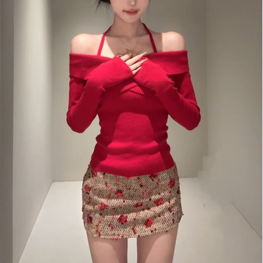 Wrap Style Knit Top with Cold Shoulder Cutouts