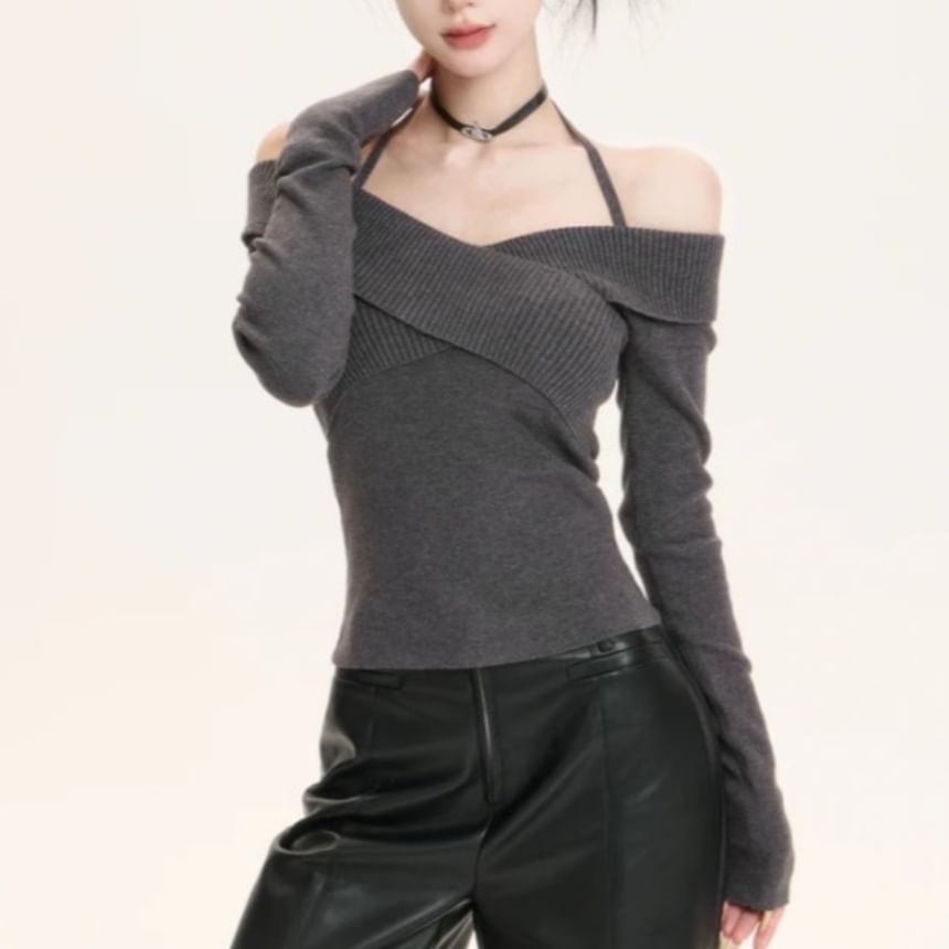 Wrap Style Knit Top with Cold Shoulder Cutouts