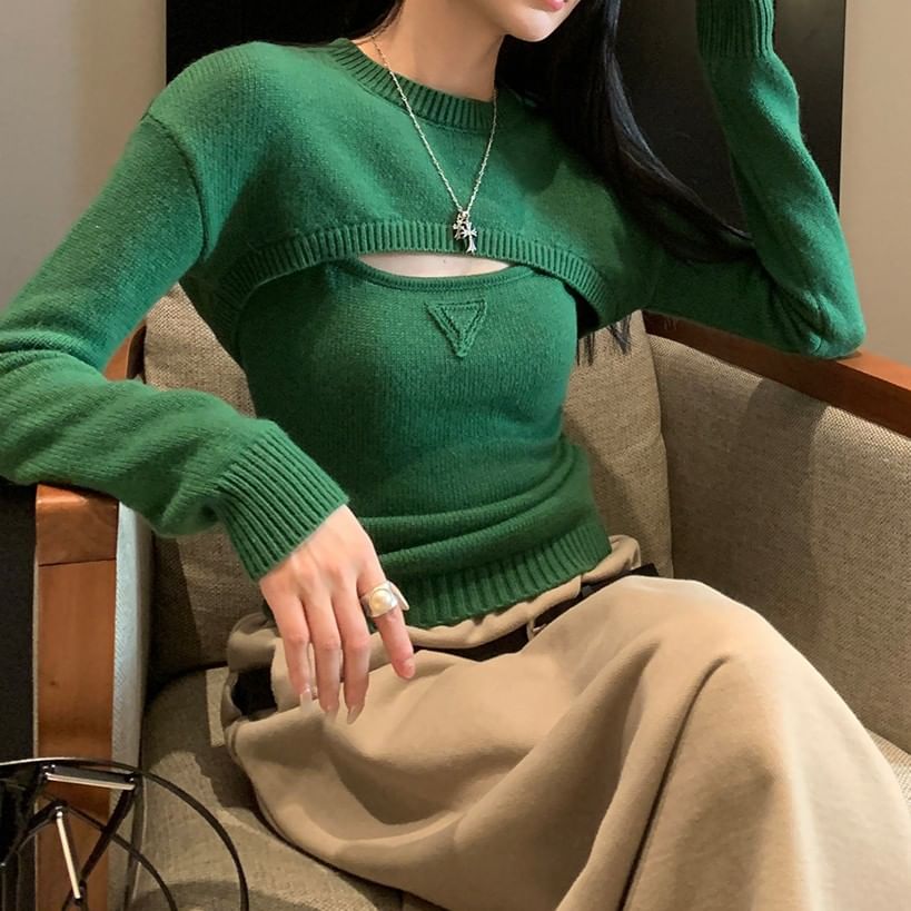 Cozy Knit Crop Tee Set with Camisole Layer