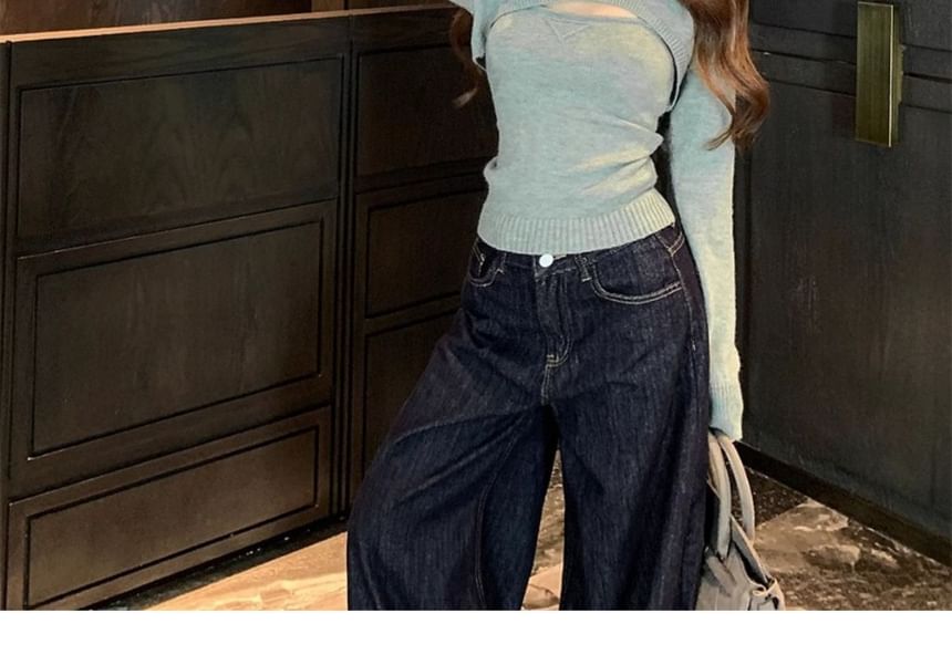 Cozy Knit Crop Tee Set with Camisole Layer