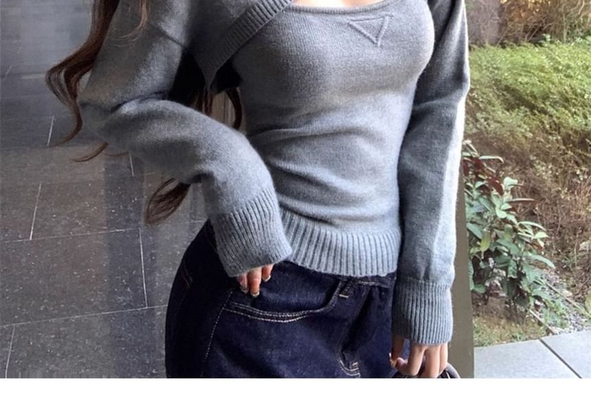 Cozy Knit Crop Tee Set with Camisole Layer