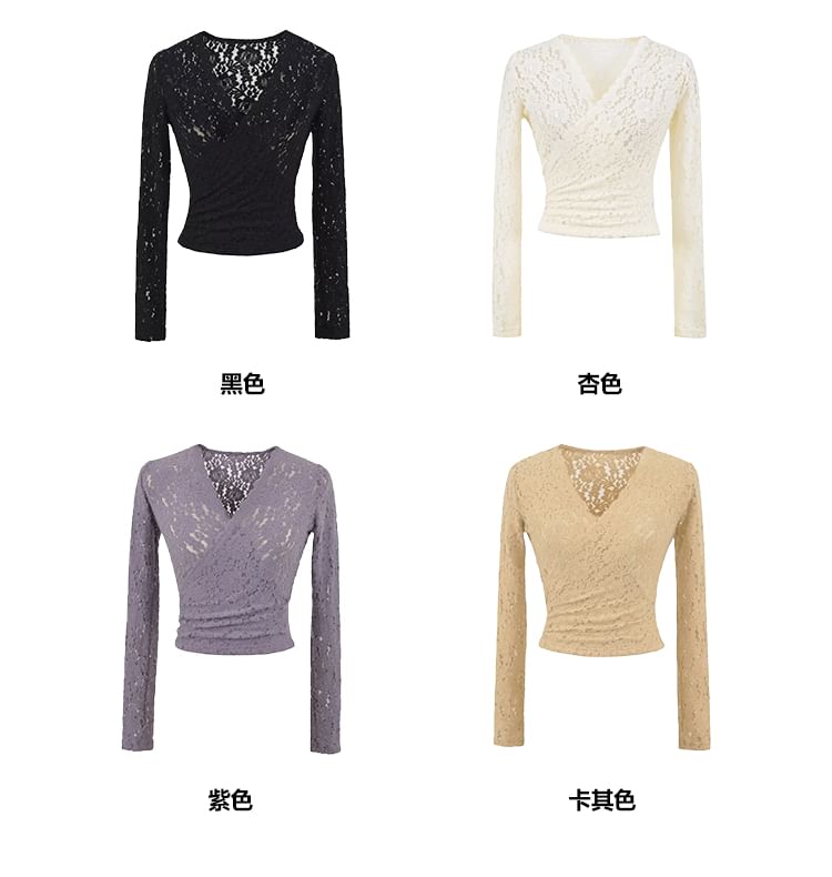V-Neck Lace Crop Top Long Sleeve