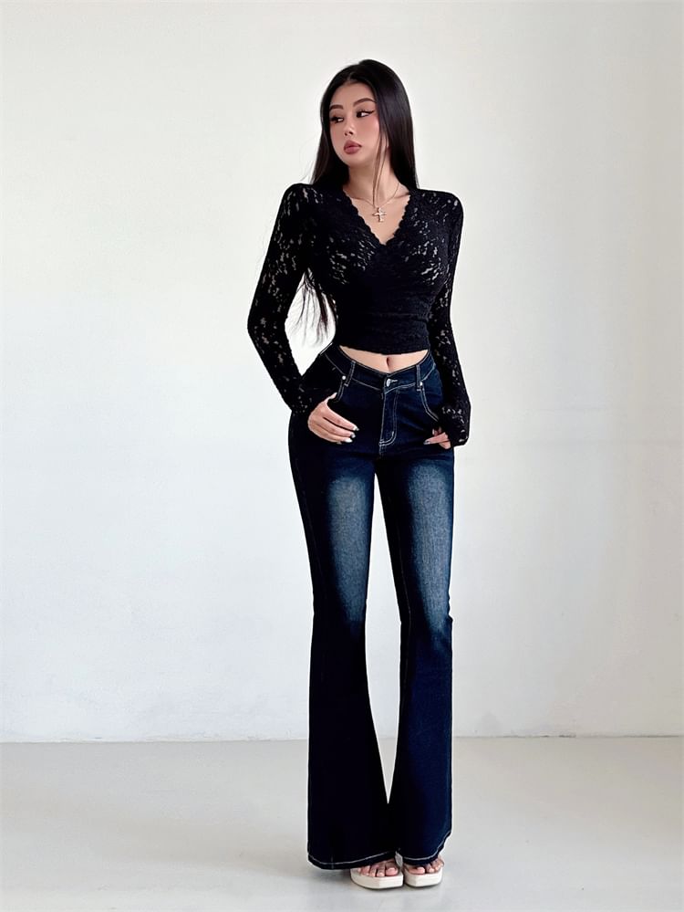 V-Neck Lace Crop Top Long Sleeve
