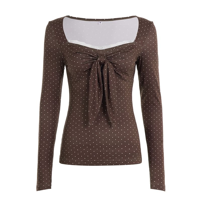 Square Neck Lace-Trim Polka Dot Slim-Fit Top