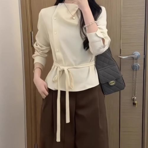 Mock Neck Tie Waist Blouse