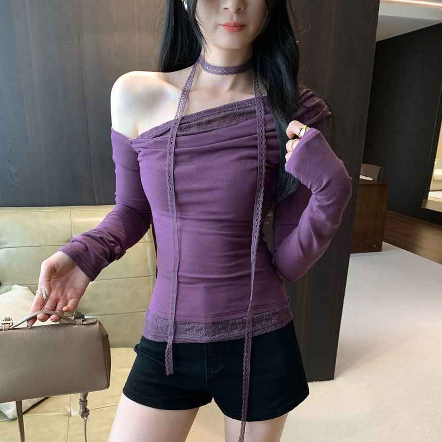 One Shoulder Panel Lace Top Long Sleeve