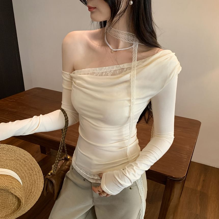 One Shoulder Panel Lace Top Long Sleeve