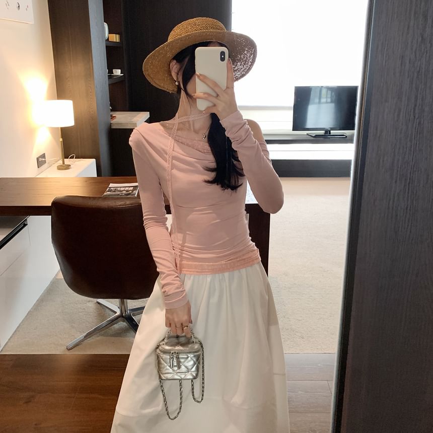 One Shoulder Panel Lace Top Long Sleeve