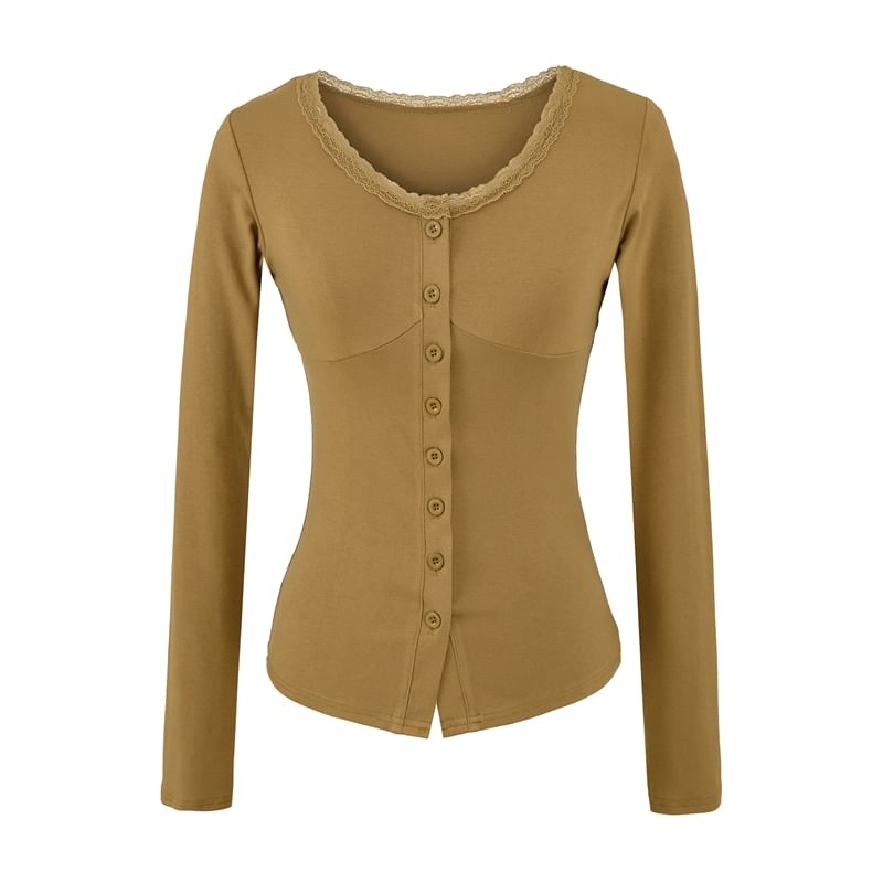 V-Neck Lace Trim Button Top Long Sleeve
