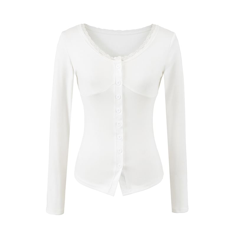 V-Neck Lace Trim Button Top Long Sleeve