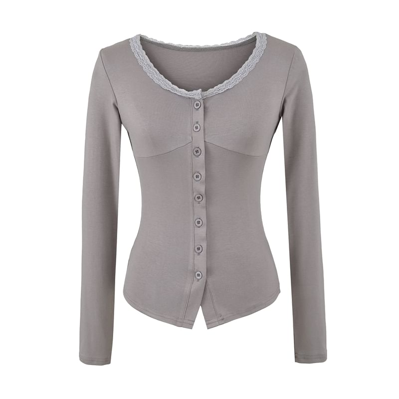 V-Neck Lace Trim Button Top Long Sleeve