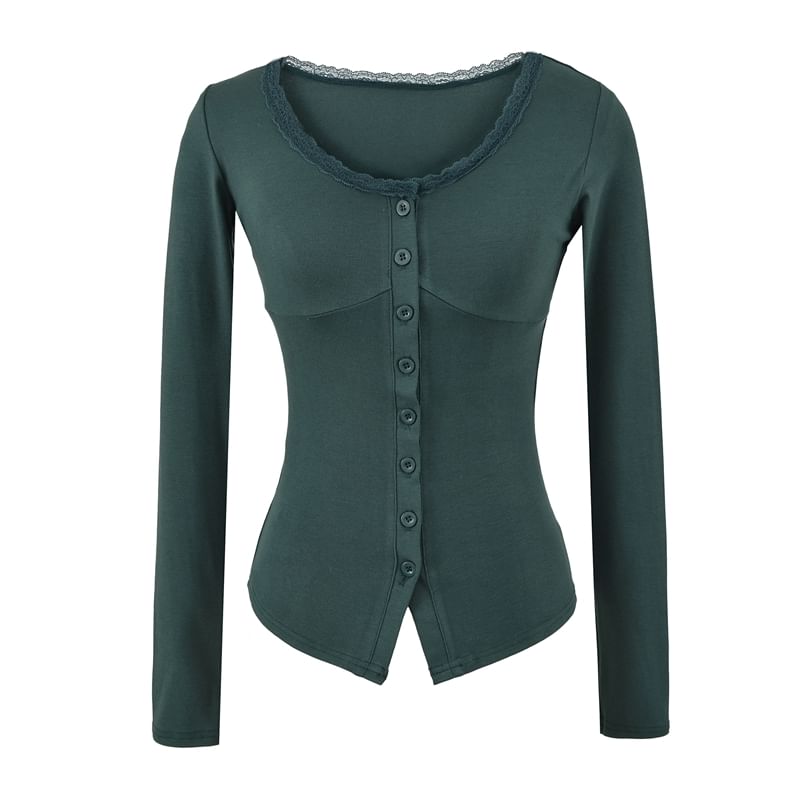 V-Neck Lace Trim Button Top Long Sleeve