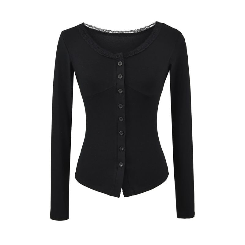 V-Neck Lace Trim Button Top Long Sleeve