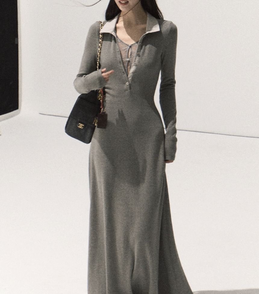 Long Sleeve Contrast Collar Mock Two Piece Panel Lace Maxi A-Line Dress