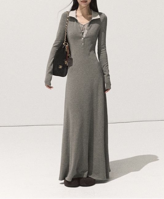Long Sleeve Contrast Collar Mock Two Piece Panel Lace Maxi A-Line Dress