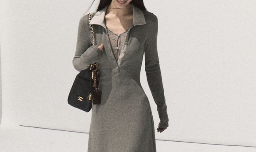 Long Sleeve Contrast Collar Mock Two Piece Panel Lace Maxi A-Line Dress
