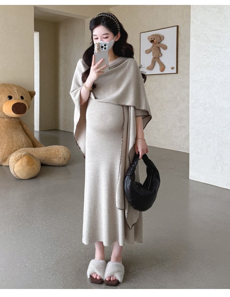 Maternity Set: Sleeveless Knit Maxi Mermaid Dress + Shawl