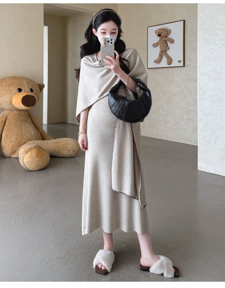 Maternity Set: Sleeveless Knit Maxi Mermaid Dress + Shawl