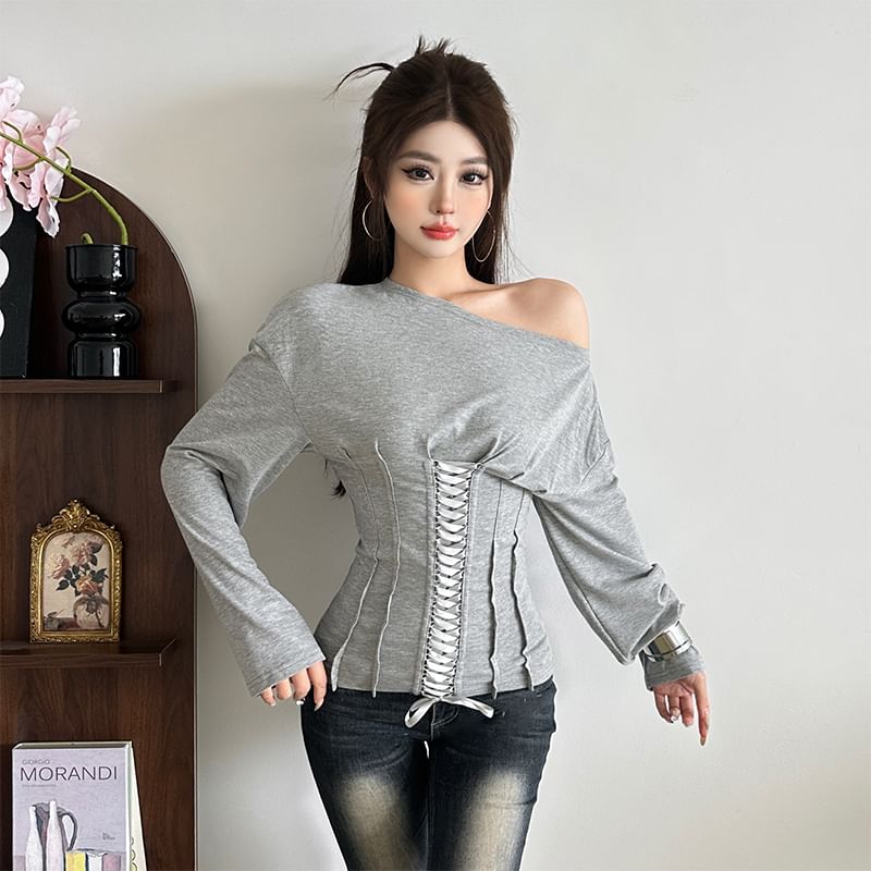 Lace-Up Slim Fit Off-Shoulder Long Sleeve Tee