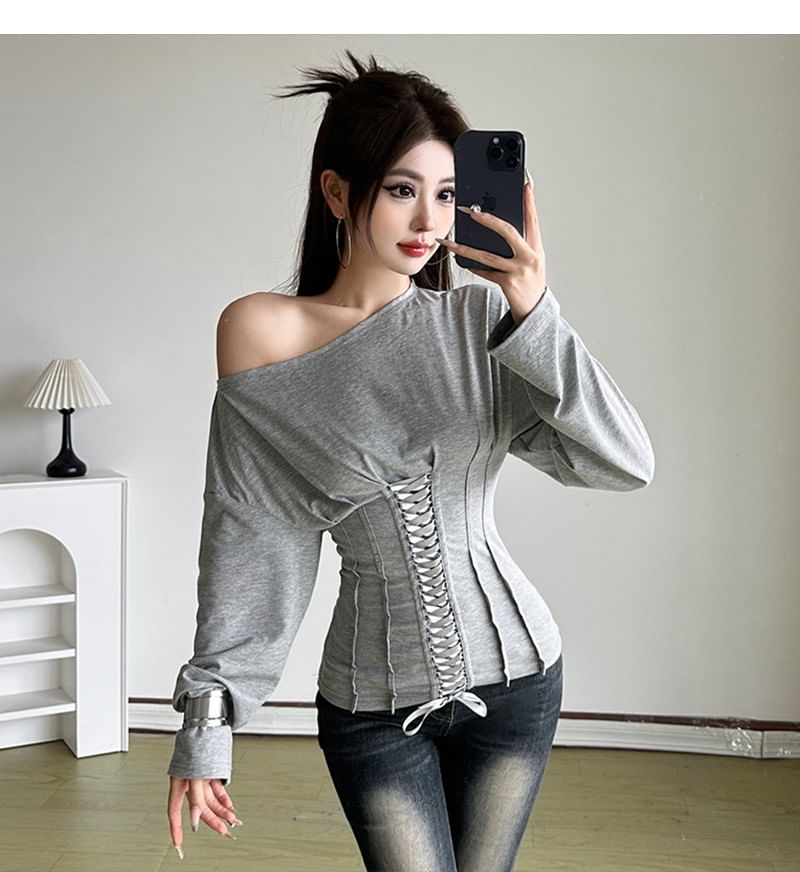Lace-Up Slim Fit Off-Shoulder Long Sleeve Tee