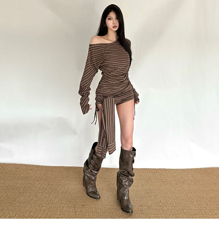Off-Shoulder Striped Ruched Tee with Drawstring Hot Pants
