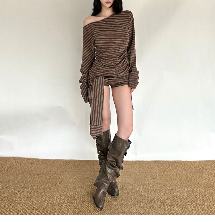 Off-Shoulder Striped Ruched Tee with Drawstring Hot Pants