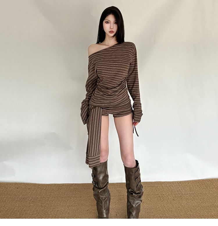 Off-Shoulder Striped Ruched Tee with Drawstring Hot Pants