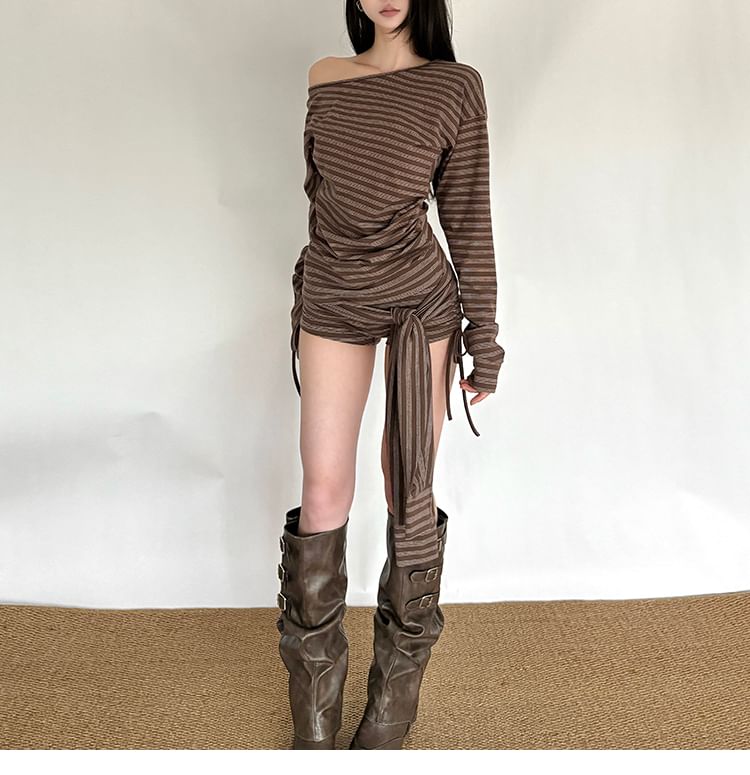 Off-Shoulder Striped Ruched Tee with Drawstring Hot Pants