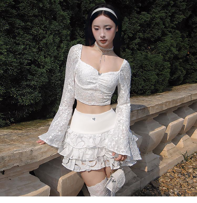Ruched Lace Crop Top and High Waist Mini Skirt Set