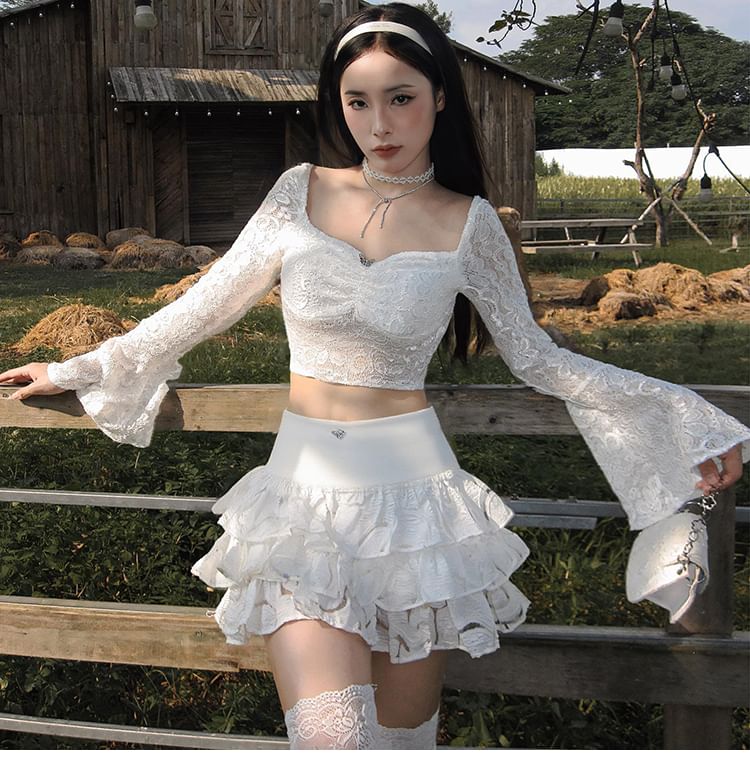 Ruched Lace Crop Top and High Waist Mini Skirt Set