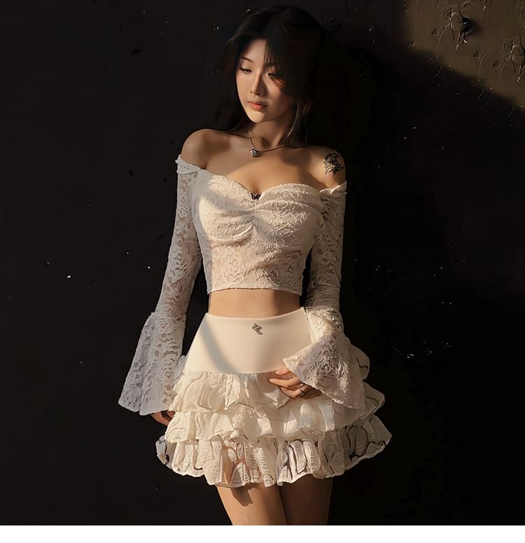 Ruched Lace Crop Top and High Waist Mini Skirt Set