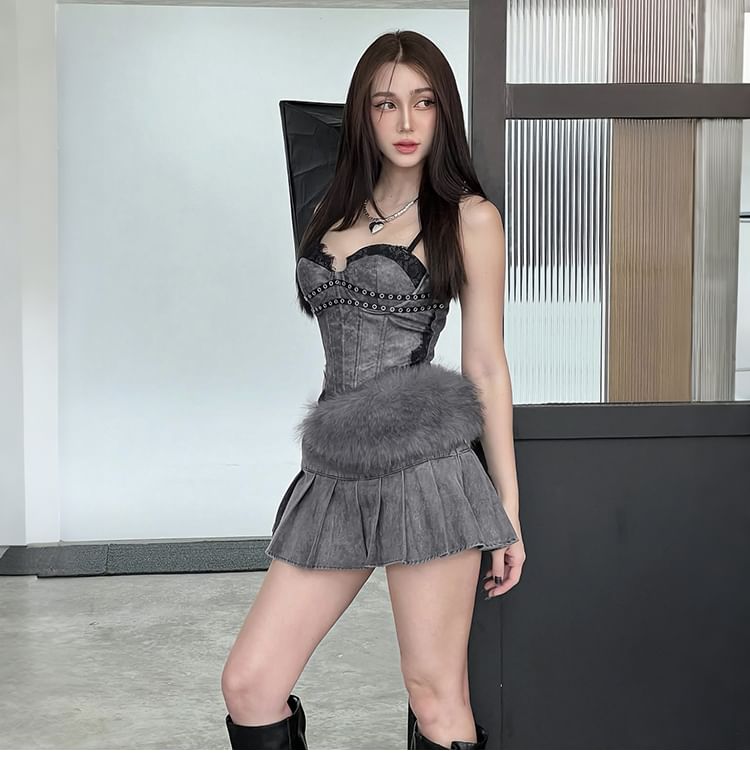 Grommet Corset Top with Lace and Pleated Mini Skirt
