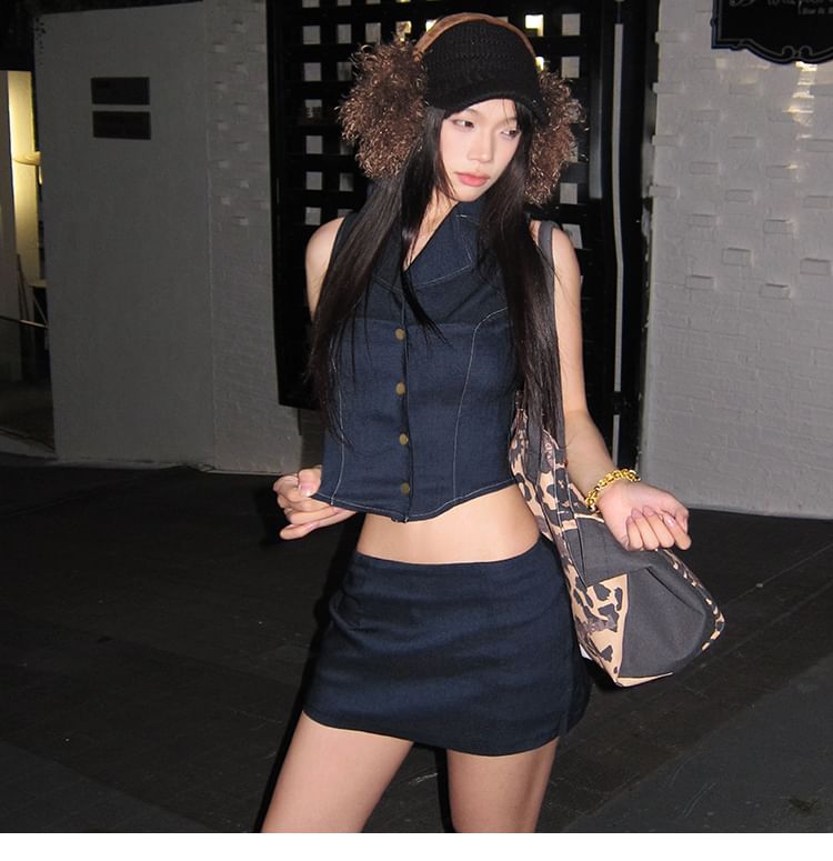 Denim Crop Tank with Contrast Stitching and Mini Skirt Set