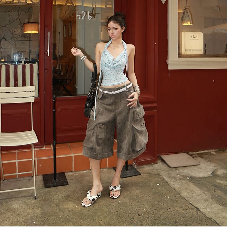 Dotted Cowl Neck Halter Crop Top with Open Back