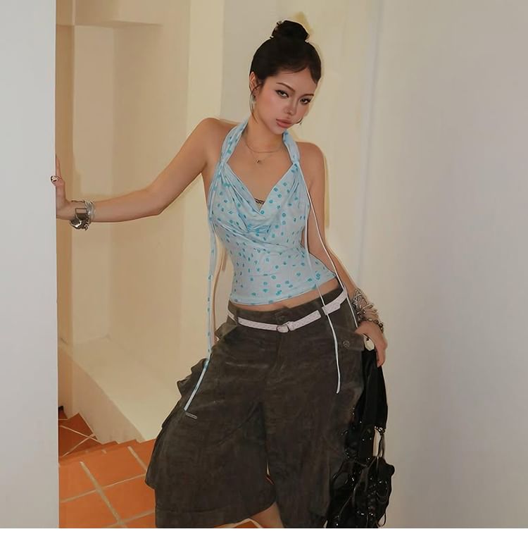 Dotted Cowl Neck Halter Crop Top with Open Back