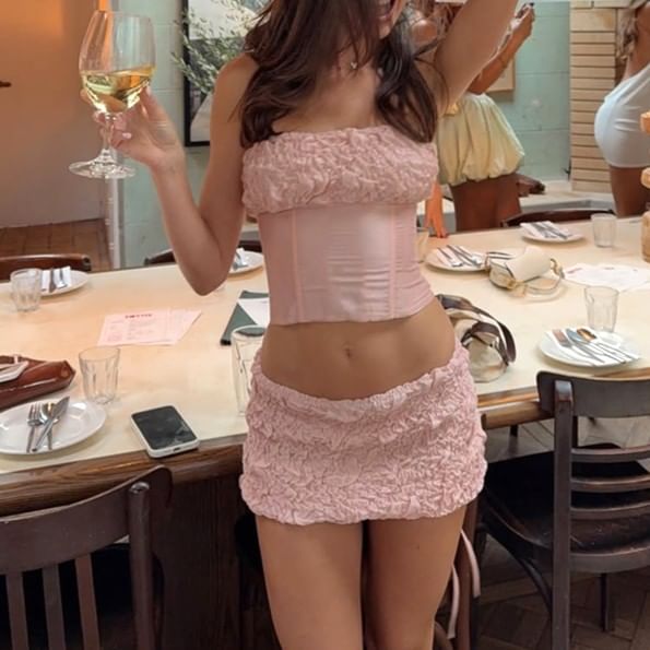 Sheer Smocked Tube Top with Low Waist Mini Skirt