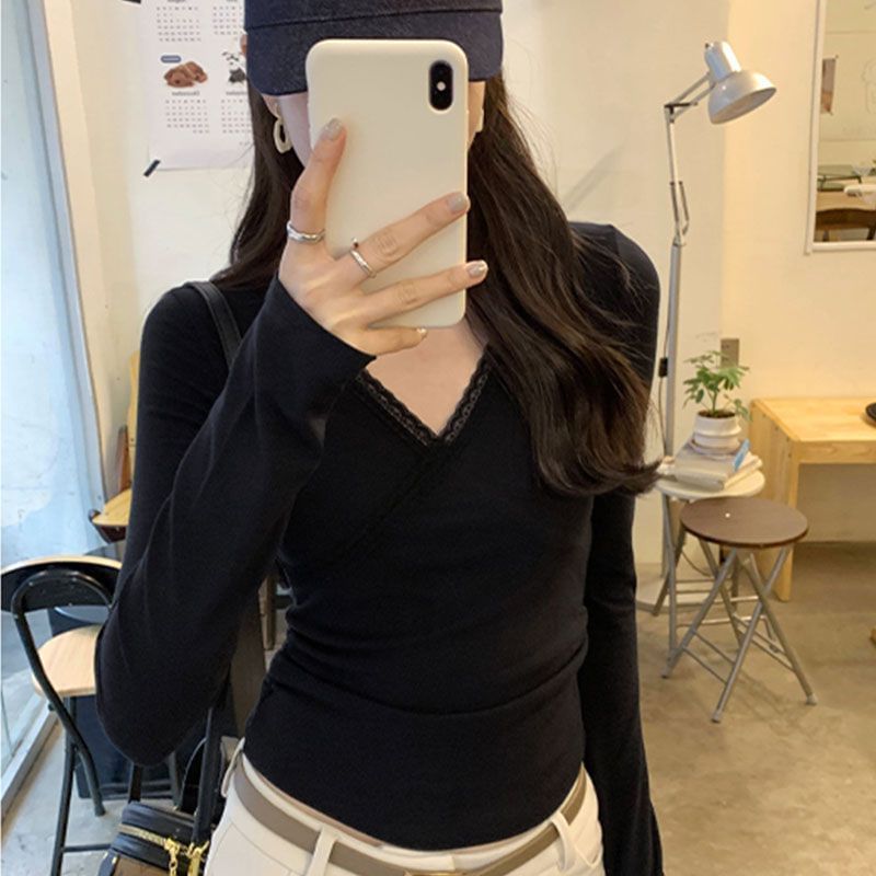 V-Neck Lace Trim Wrap Top - Long Sleeve