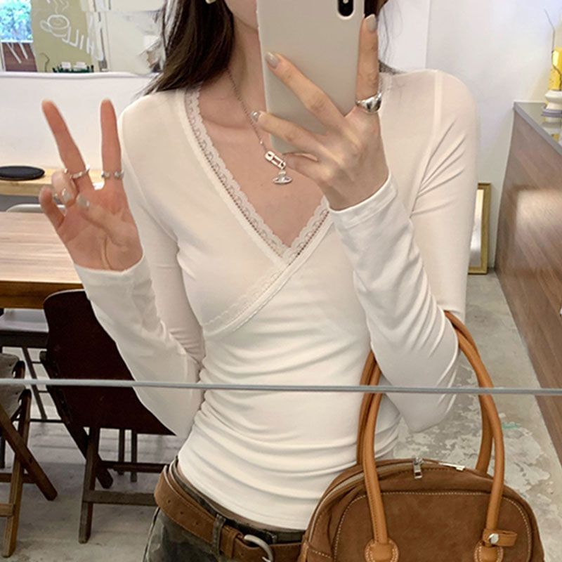 V-Neck Lace Trim Wrap Top - Long Sleeve