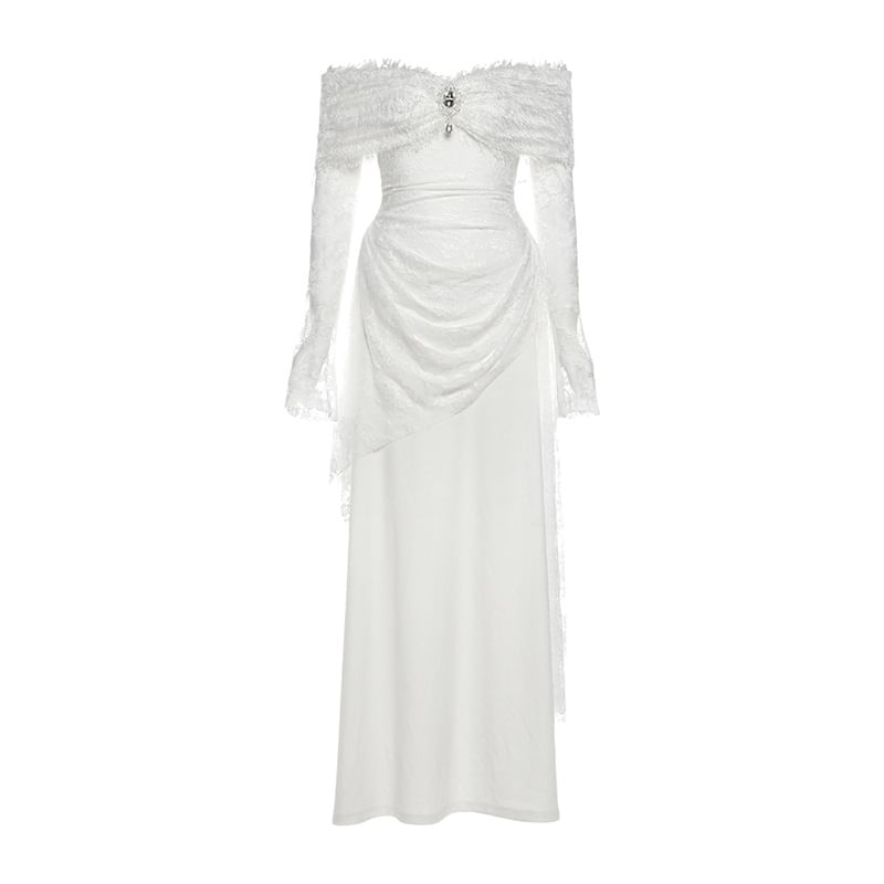 Long Sleeve Off Shoulder Plain Ruched Panel Lace Maxi A-Line Dress